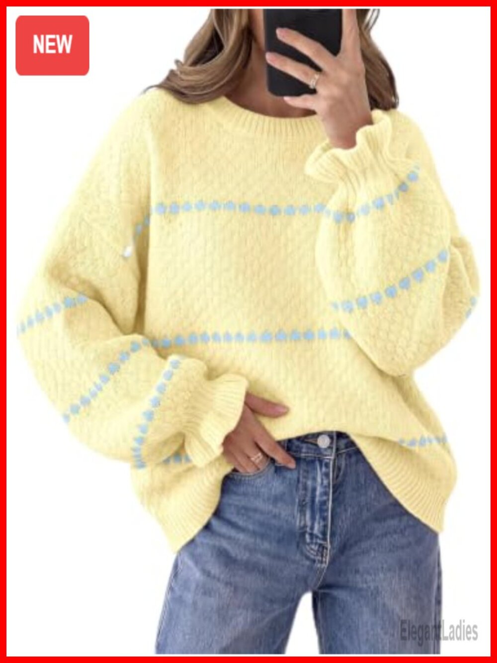 Womens Oversized Chunky Knit Heart Sweater Lantern Sleeve Pullover Top